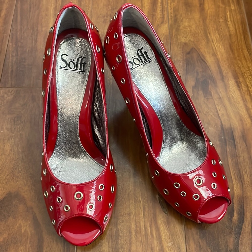 Sofft - Red Patent Leather - Eyelet Accent - Peep Toe Heels - Size 9